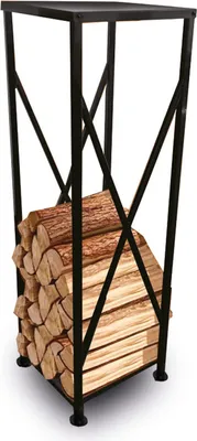 A black metal firewood rack filled with logs, presented on a white background.