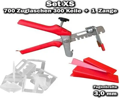Image de 700 languettes de traction 3,0 mm + 300 cales + 1 pince - Système de nivellement pour carrelage KACHEL GOTT®