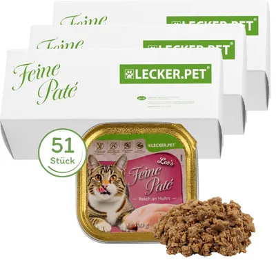Produktbild von 51 x 100 g Lecker.Pet® Leo's Feine Paté Reich an Huhn Katzenfutter Nassfutter Vollnahrung
