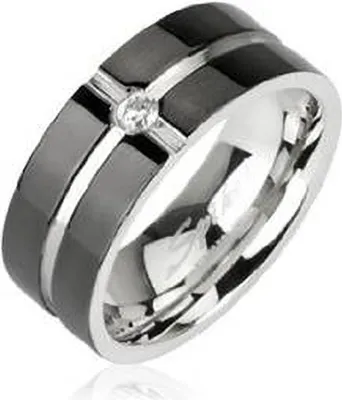 Produktbild von Ring Edelstahl Damen Herren Zirkonia Kristall Kreuz Schwarz Partnerring schwarz-silber 49 - Ø 15,70 mm 6 mm