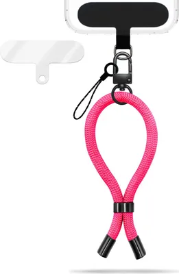 A hot pink lanyard with a metal clasp and a white attachment for a phone.