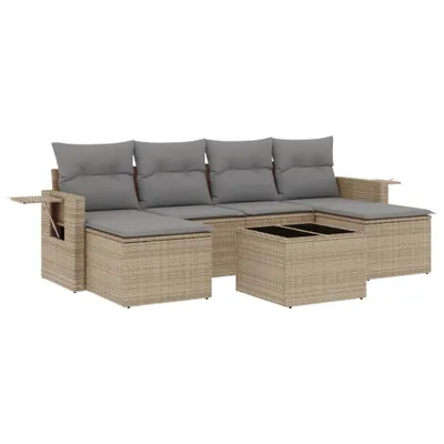 Produktbild von Modulares Garten-Sofa-Set, 7-tlg. Loungemöbel mit Stauraum, Beistelltisch, Poly Rattan Beige, Kissen Hellgrau, UV-beständig