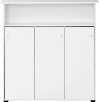 A white reception desk with three doors and an open shelf above.