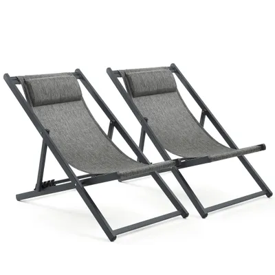 Image de Mondeer Chaise longue pliante 2 pièces, maille respirante et cadre en aluminium, avec appui-tête réglable Noir