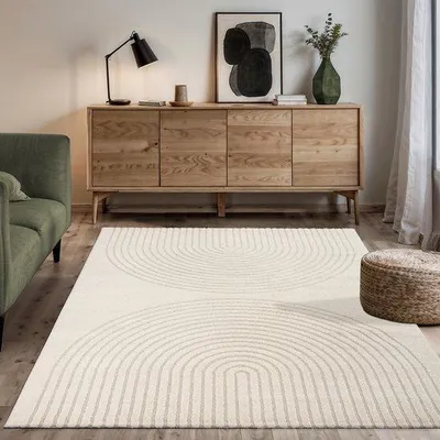 Productafbeelding van Unyqoos® Hoogpolig woonkamerkleed – zacht, modern geometrisch halfcirkelreliëf, crème, 80 x 150 cm, polypropyleen/polyester, ca. 12 mm