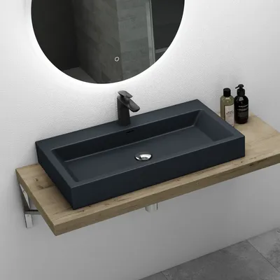 Produktbild von Mai & Mai Breite: 76,5cm Waschbecken Aufsatz-Waschschale Hänge-Becken Mineralguss in Anthrazit matt 1 Armaturenloch Bad Eckig Col06