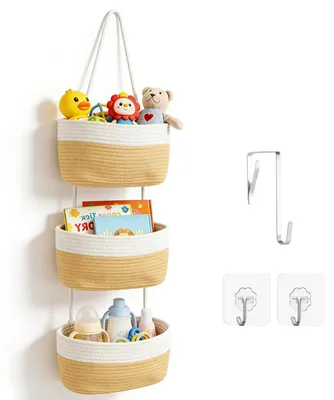 Produktbild von Hängeorganizer, Hängeorganizer mit Haken, 3-stöckige Wandtasche, Stoffhängeregal aus Baumwollseil, für Wohnzimmer, Schlafzimmer, Badezimmer, Kinderzimmer (gelblich-weiß)