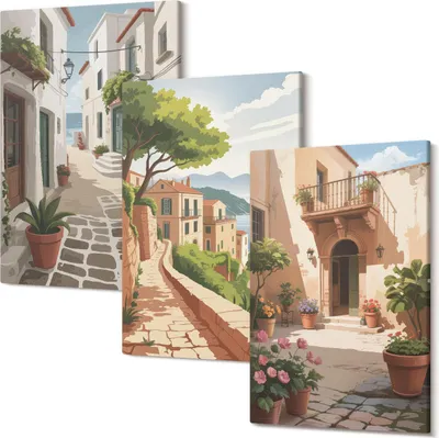 Produktbild von Leinwandbilder – Wandbilder – Leinwandbild – Canvas Bild – Polycanvas – Kunstdruck –  – Modern – Aufhängefertig – Mehrteilig – 3-Teilig – 40x60 Cm Pro Bild - Malerische Straßen mit Häusern und Topfpflanzen