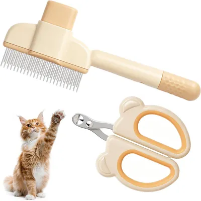 Imagen del producto de Kit de cuidado para mascotas con cepillo para el pelaje autolimpiante y cortaúñas seguro, de color amarillo, para perros y gatos
