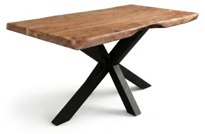 Produktbild von Esstisch 140 x 80 cm Cali, Baumkantentisch naturfarben, Akazienholz massiv, Spider-Gestell aus Metall Schwarz, aufgedoppelte Kanten 25+25 mm
