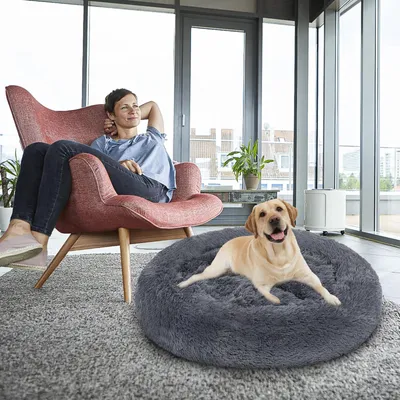 Productafbeelding van Vigevee Hondenbed/Kattenbed, rond, diameter 100 cm, lange pluis, antislipbodem, donkergrijs