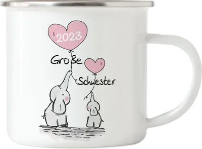 Produktbild von Ich werde Große Schwester 2023 Emaille Tasse Schwangerschaft Verkündung Geburt Big Sister Geschenk Elefant