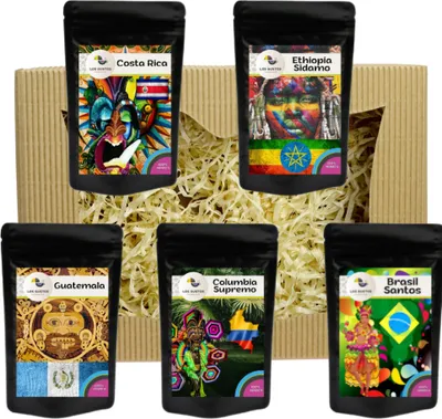 Produktbild von Los Gustos Geschenk Set 5x70 g - Kaffeebohnen im Geschenkkarton , das perfekte Geschenk, Ganze Bohnen, Arabica, Frisch Geröstet
