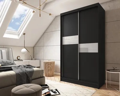 Obrázek produktu pro Moderní Šatní Skříň  Černá s Posuvnými Dveřmi 120 150 180 200 cm -  Černá Matná Šatní Skříň do Ložnice s Posuvnými Dveřmi - Šatní Tyč - 120 cm -  Černá