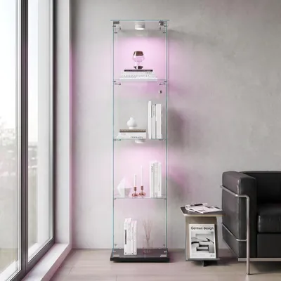 Image de Vitrine INONEFT en verre avec 4 étagères, éclairage LED et serrure, 1 porte, meuble vitrine pour salon ou chambre, dimensions : 163 x 39,8 x 35 cm