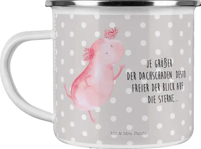 Produktbild von Mr. & Mrs. Panda Camping Emaille Tasse Axolotl Tanzen - Grau Pastell - Geschenk, Molch, Schwanzlurch, gut gelaunt, Freudig, Emaille Becher, Hüpfen, beste Freundin, Lurche