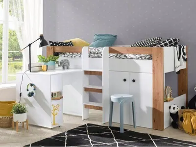 Produktbild von Etagenbett Kinderbett GUSTO-1 mit Schreibtisch und Kleiderschrank (linke Seite) - ohne Matratze