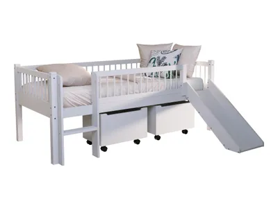 Produktbild von VIPACK - FORREST Buche Junior-Spielbett 90x200 cm, inkl. Lattenrost, Leiter, 2 Rollboxen und Rutsche, Buche massiv weiß lackiert