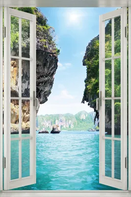 Produktbild von Wallario Wandbild aus Acryl, 60 x 90 cm, freischwebende Optik - Felsenschlucht am Meer in Thailand mit Fenster-Illusion