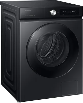 A black Samsung washing machine is shown from a three-quarter angle against a white background.