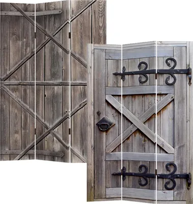 A collage of images showing a wooden room divider designed to look like a rustic barn door.