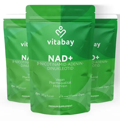 Produktbild von Vitabay NAD+ Pulver 500 mg – 90 g – β-Nicotinamid-Adenin- Dinukleotid 98% – Pharmaqualität hochrein vegan – ohne Zusatzstoffe – labor in DE