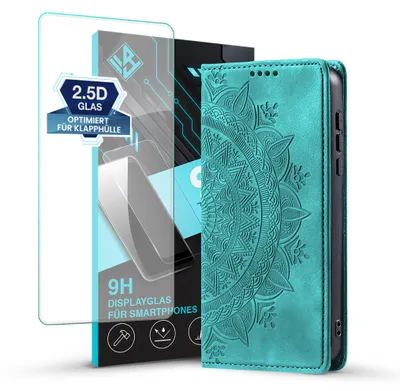 Produktbild von Mandala Handyhülle für Samsung Galaxy A18 / A18 5G RFID Schutz Klapphülle Case Cover Design Schutzhülle mit 9H Displayglas Farbe: Türkis