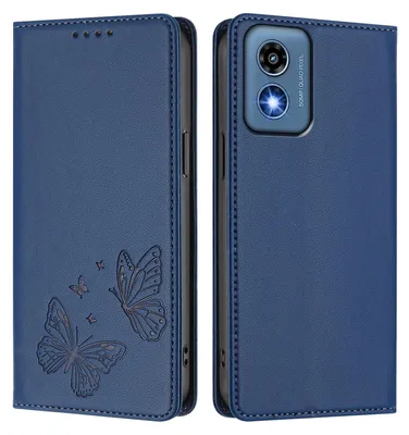 Produktbild von Lederhülle für Motorola Moto G 5G 2024, Schmetterling Prägung Leder Brieftasche Schutzhülle mit Ständer Dunkelblau