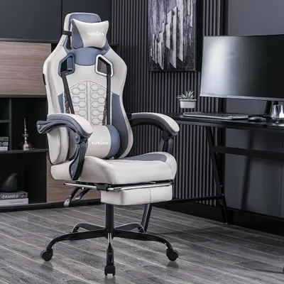 Obrázok produktu pre Herná stolička – Ergonomická herná stolička v béžovej farbe s nastaviteľnou opierkou nôh, hlavovej opierkou a bedrovej opierkou