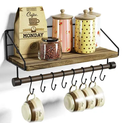 Image de Étagère murale avec 8 crochets amovibles et un porte-serviettes, panneau mural en bois pour la cuisine, le salon ou la salle de bains, marron