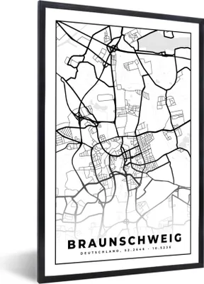 Produktbild von MuchoWow® Gerahmtes Poster Braunschweig - Karte - Stadtplan 60x90 cm - Poster mit Schwarzem Bilderrahmen Wandposter Rahmen Foto Bilder - Kunst
