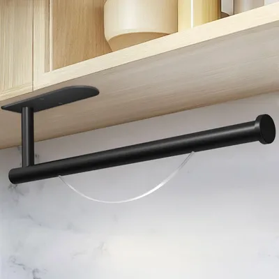 Produktbild von Bohrfreier Küchenrollenhalter mit Rollenbremse, selbstklebend, aus Edelstahl zur Wand- oder Unterbaumontage (schwarz)