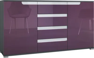 Produktbild von Vladon Sideboard Sylt V1, Kommode mit 2 Türen und 4 Schubladen, Korpus - Anthrazit matt / Front - Brombeer Hochglanz / Absetzung - Weiß Hochglanz (138,5 x 75,5 x 35 cm)