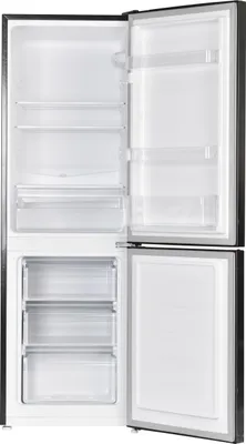 An open refrigerator with empty shelves.
