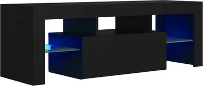 A black TV stand with blue LED lighting, presented in a studio setting against a white background.