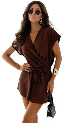 Produktbild von Damen Sommer Jumpsuit Einfarbig – Eleganter Einteiler mit Gürtel & V-Ausschnitt Braun/L/40