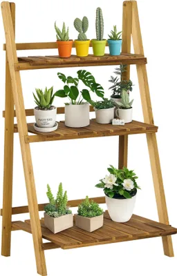 Image de Étagère à plantes - Support à fleurs - 3 niveaux - Pliable - Bois de sapin - 40×37×93 cm - Montage requis - Naturel
