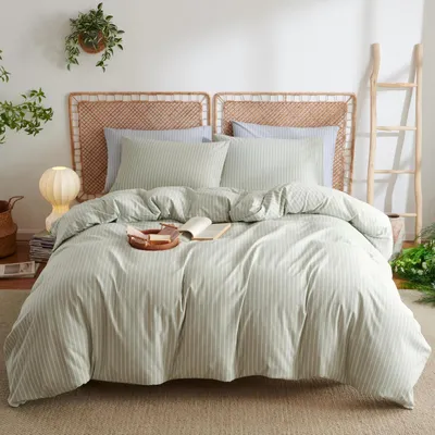 Produktbild von Bettwäsche Set 200x200cm Baumwolle Grün Weiß Gestreift 1 Bettbezug 2 Kopfkissenbezüge