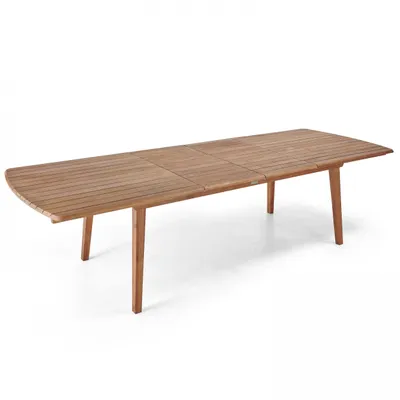 A long, extendable wooden dining table with a slatted top and four legs, shown from a side-angle against a white background.