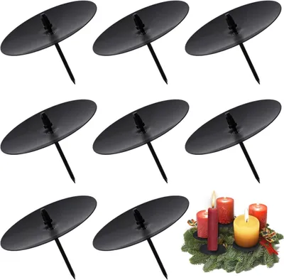 Produktbild von Kerzenhalter Adventskranz ? 6cm, 8 Stš¹ck Advents Kerzenhalter fš¹r Stumpenkerzen, Metall Adventskerzenhalter mit Dorn Kerzenteller Kerzenst?nder fš¹r Adventskranz, DIY Advents Deko Weihnachten, Schwarz