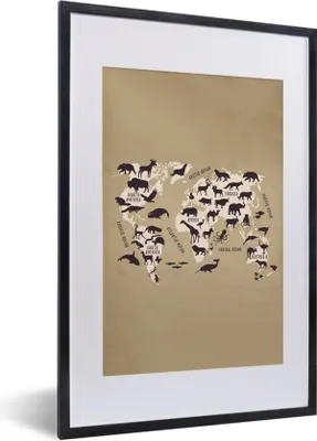 Produktbild von MuchoWow® Gerahmtes Poster Weltkarte - Retro - Tiere 40x60 cm - Poster mit Schwarzem Bilderrahmen Wandposter Rahmen Foto Bilder - Poster in Rahmen