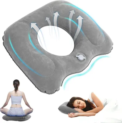 Collage showing an inflatable neck pillow, a woman meditating on a cushion, and a woman sleeping on a pillow.