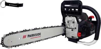 A Parkside Performance petrol chainsaw and a HEADNMORE keychain are displayed against a white background.