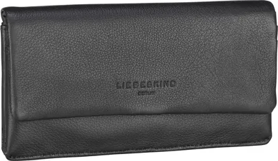A black leather wallet is shown from the front on a white background.