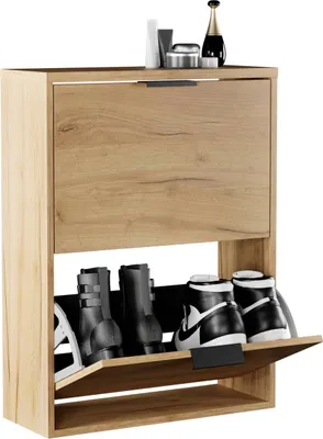 Produktbild von Planetmöbel Schuhschrank schmal 2 Klappen Schuhregal mit 4 Ablagen, gold eiche