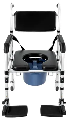 Produktbild von Duschstuhl WC-Stuhl mit Rollen, faltbar und höhenverstellbar, mit abnehmbarem Eimer, Armlehnen und Sicherheitsgurt für Senioren