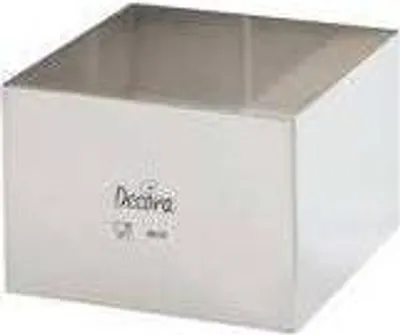 A square metal cake ring on a white background.