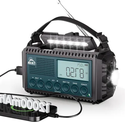 Obrázek produktu pro Přenosné rádio s ruční klikou – nouzové rádio s baterkou – pro outdoorové aktivity – baterie 12000 mAh – vodotěsné (IPX4) – modrozelená barva