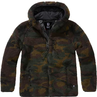 A studio shot of a camouflage fleece jacket.