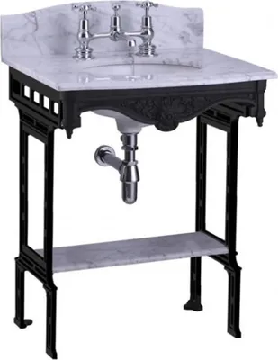 Produktbild von Casa Padrino Luxus Jugendstil Stand Waschtisch Weiß / Schwarz mit Marmorplatte mit Spritzschutz hinten und Ablage Barock Waschbecken Barockstil Antik Stil